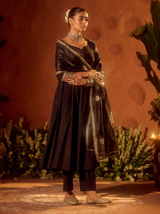 Black Viscose Chanderi Embroidered Ethnic Anarkali Kurta Set with Dupatta