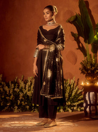 Black Viscose Chanderi Embroidered Ethnic Anarkali Kurta Set with Dupatta