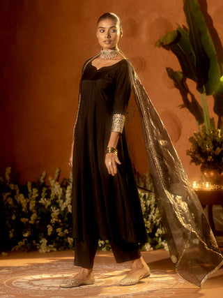 Black Viscose Chanderi Embroidered Ethnic Anarkali Kurta Set with Dupatta