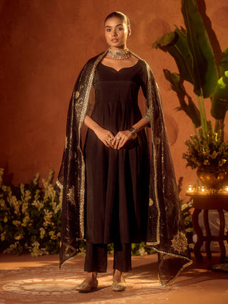 Black Viscose Chanderi Embroidered Ethnic Anarkali Kurta Set with Dupatta