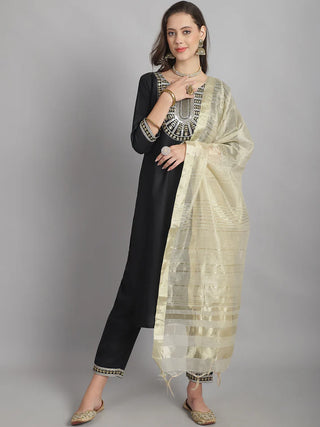 Black Cotton Blend Sequence Detailing Straight Shape Suit Set with Dupatta