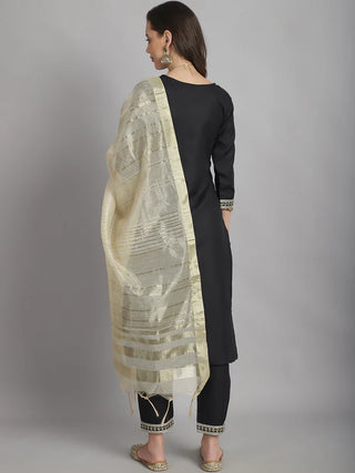 Black Cotton Blend Sequence Detailing Straight Shape Suit Set with Dupatta