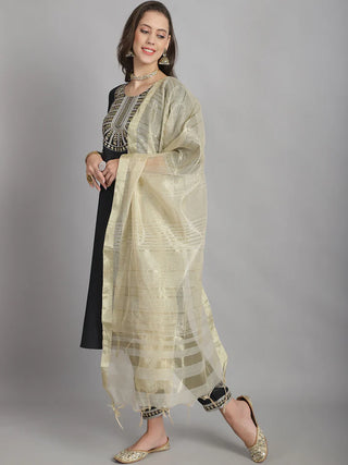 Black Cotton Blend Sequence Detailing Straight Shape Suit Set with Dupatta