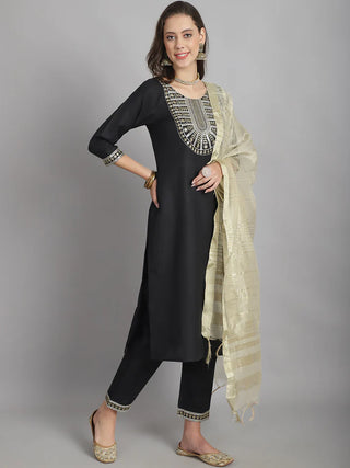 Black Cotton Blend Sequence Detailing Straight Shape Suit Set with Dupatta