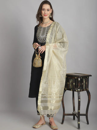 Black Cotton Blend Sequence Detailing Straight Shape Suit Set with Dupatta