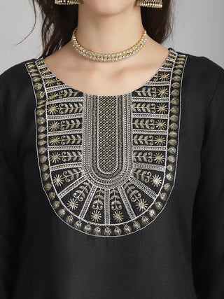 Black Cotton Blend Sequence Detailing Straight Shape Suit Set with Dupatta