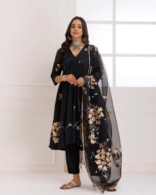 Black Organza Hand Painted Suit Set with Dupatta