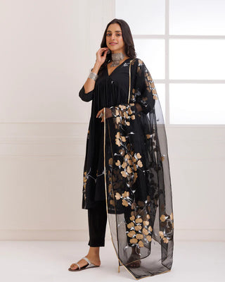 Black Organza Hand Painted Suit Set with Dupatta