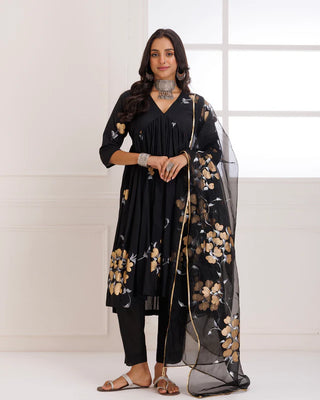 Black Organza Hand Painted Suit Set with Dupatta