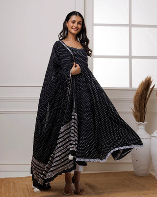 Black Mul Mul Polka Dot Anarkali Suit with Solid White Pants and a Dupatta