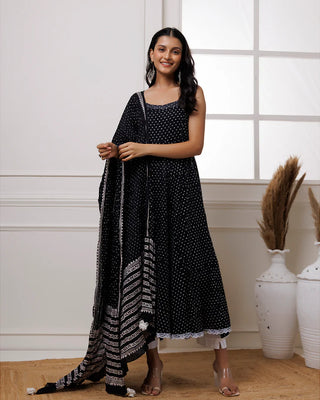 Black Mul Mul Polka Dot Anarkali Suit with Solid White Pants and a Dupatta