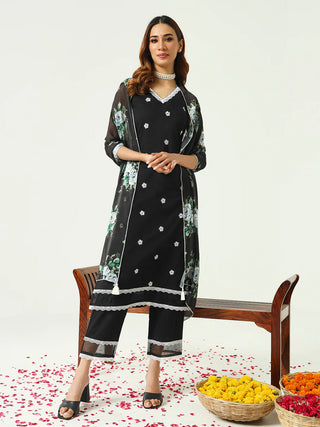 Black Cotton Floral Embroidered Straight Shape Suit Set with Tebi Silk Dupatta