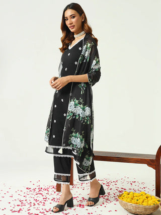 Black Cotton Floral Embroidered Straight Shape Suit Set with Tebi Silk Dupatta