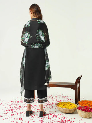 Black Cotton Floral Embroidered Straight Shape Suit Set with Tebi Silk Dupatta