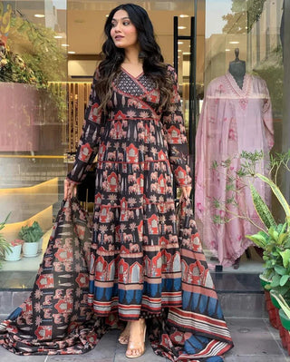 Black Cotton Blend Print & Embroidered Suit Set with Dupatta