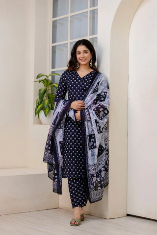 Black Pure Cotton Printed Suit Set with Dupatta