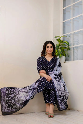 Black Pure Cotton Printed Suit Set with Dupatta