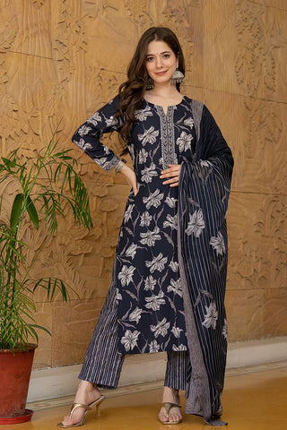 Black Silk Blend Floral Print & Embroidered Suit Set with Organza Dupatta