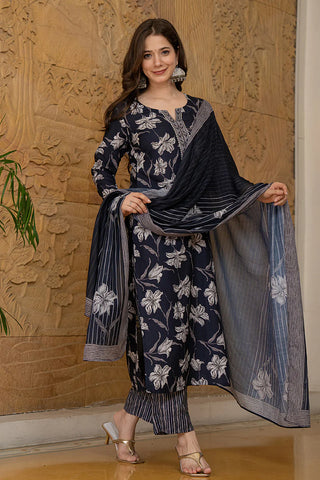 Black Silk Blend Floral Print & Embroidered Suit Set with Organza Dupatta