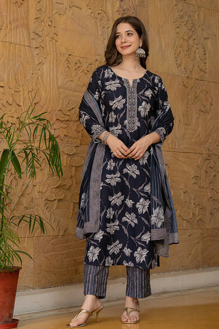 Black Silk Blend Floral Print & Embroidered Suit Set with Organza Dupatta