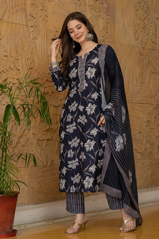 Black Silk Blend Floral Print & Embroidered Suit Set with Organza Dupatta