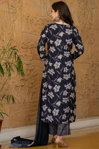 Black Silk Blend Floral Print & Embroidered Suit Set with Organza Dupatta