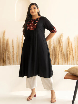 Black Rayon Yoke Embroidered A Line Kurta