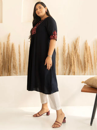 Black Rayon Yoke Embroidered A Line Kurta