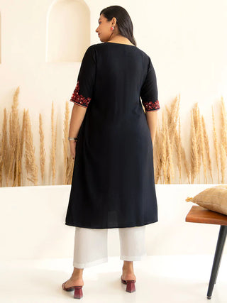 Black Rayon Yoke Embroidered A Line Kurta