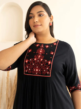 Black Rayon Yoke Embroidered A Line Kurta