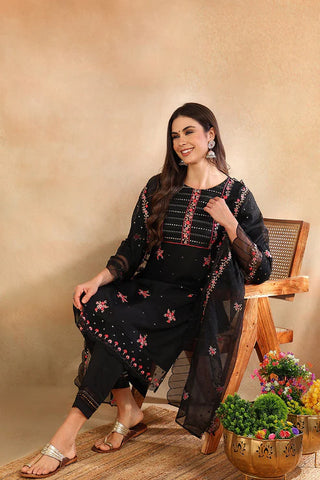 Black Silk Blend Embroidered Straight Shape Suit Set with Organza Dupatta