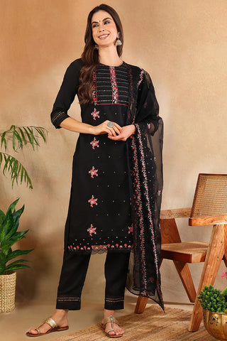 Black Silk Blend Embroidered Straight Shape Suit Set with Organza Dupatta