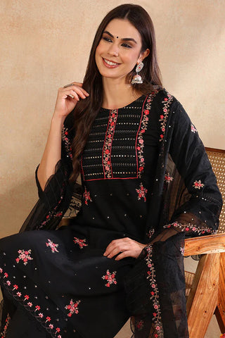 Black Silk Blend Embroidered Straight Shape Suit Set with Organza Dupatta