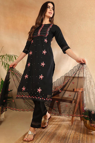 Black Silk Blend Embroidered Straight Shape Suit Set with Organza Dupatta