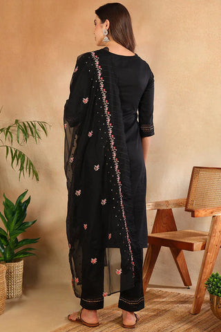 Black Silk Blend Embroidered Straight Shape Suit Set with Organza Dupatta