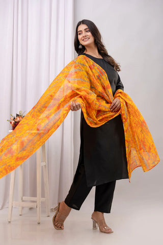 Black Solid Cotton Suit Set with Contrast Dupatta