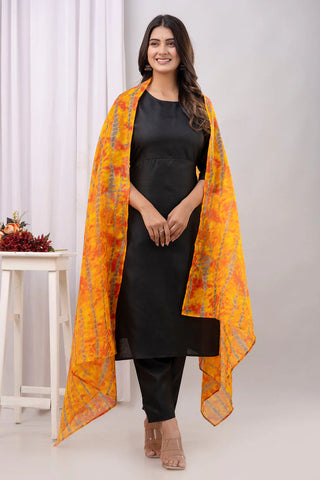 Black Solid Cotton Suit Set with Contrast Dupatta