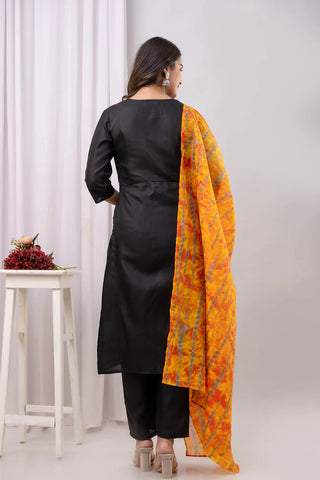 Black Solid Cotton Suit Set with Contrast Dupatta