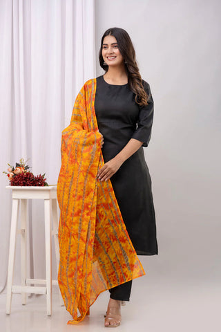 Black Solid Cotton Suit Set with Contrast Dupatta