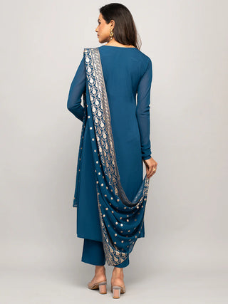 Teal Blue Crepe A Line Foil Print & Lace Detailing Suit Set with Georgette Dupatta