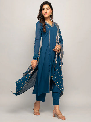 Teal Blue Crepe A Line Foil Print & Lace Detailing Suit Set with Georgette Dupatta