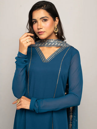 Teal Blue Crepe A Line Foil Print & Lace Detailing Suit Set with Georgette Dupatta