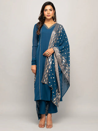 Teal Blue Crepe A Line Foil Print & Lace Detailing Suit Set with Georgette Dupatta