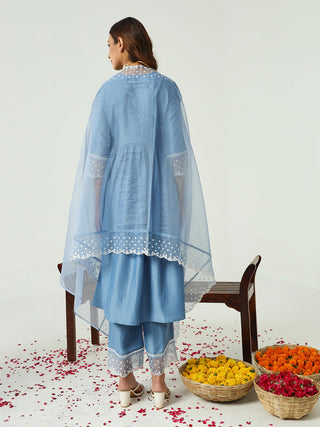 Blue Solid Silk Blend Nyra Cut Suit Set with Embroidered Organza Dupatta