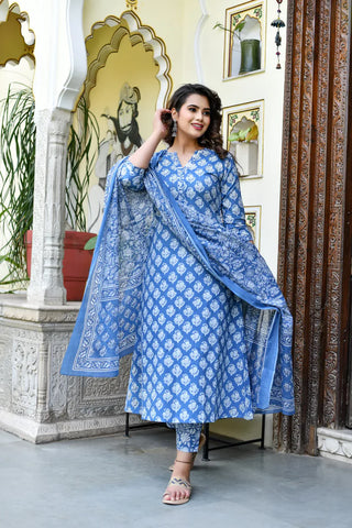 Blue Viscose Block Print A Line Suit Set with Chanderi Cotton Dupatta