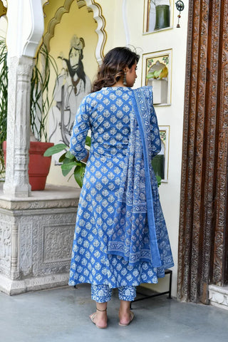 Blue Viscose Block Print A Line Suit Set with Chanderi Cotton Dupatta