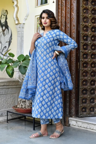 Blue Viscose Block Print A Line Suit Set with Chanderi Cotton Dupatta