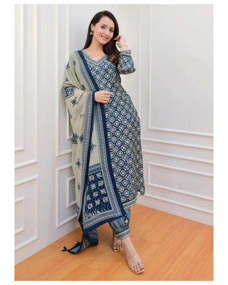 Blue Viscose Block Print Straight Shape Suit Set with Chanderi Cotton Dupatta