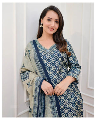 Blue Viscose Block Print Straight Shape Suit Set with Chanderi Cotton Dupatta