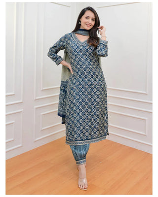 Blue Viscose Block Print Straight Shape Suit Set with Chanderi Cotton Dupatta